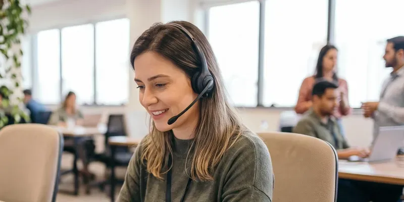 Atendente da ClickBus com headset, sorrindo enquanto atende no computador