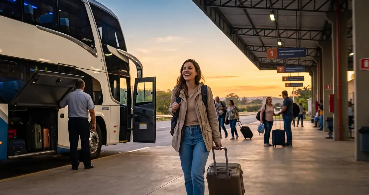 Viajante sorrindo com a mala na rodoviária, ao lado do ônibus, ao entardecer