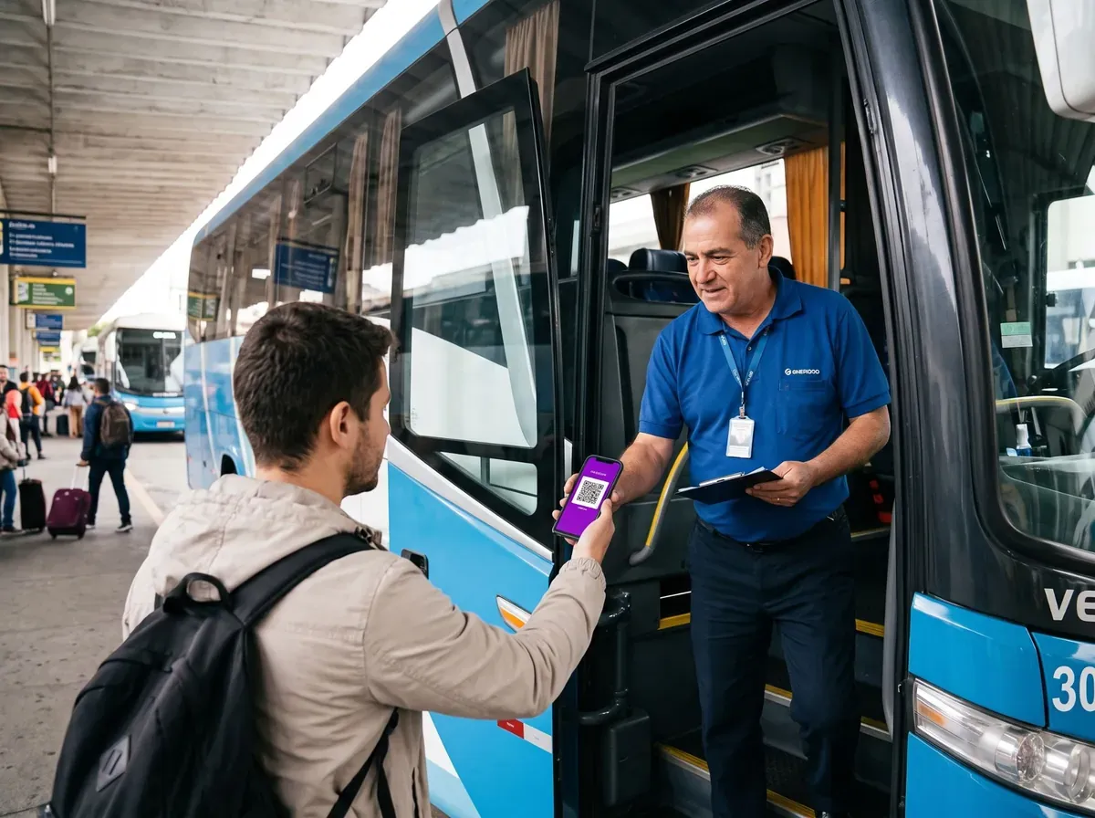 Passageiro mostrando a passagem no celular para o motorista na porta do ônibus